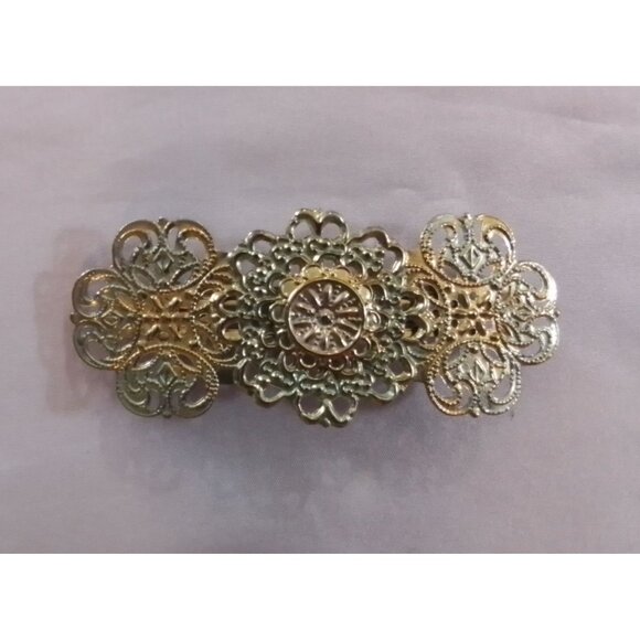Vintage Gold & Silver Tone Metal Filigree Hair Barrette Clip Intricate Design - Picture 1 of 3